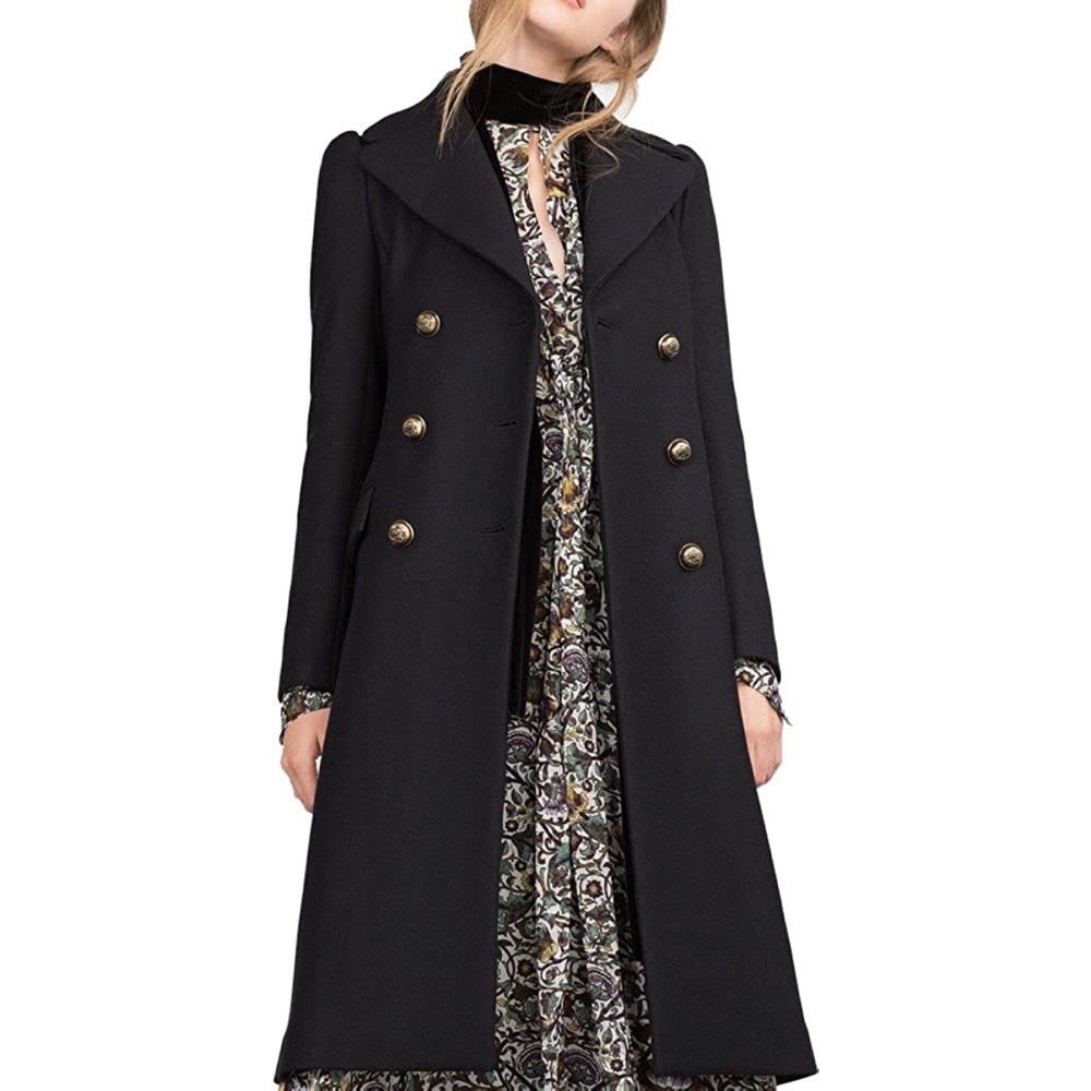 NWT Zara Military Button Long Black Pea Coat